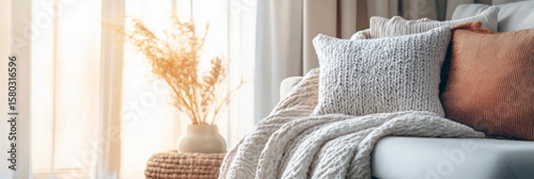 Fototapeta Cozy pillows and blanket in warm reading nook for blog or website header, 3:1 banner image with soft textures, warm neutral tones, and left-aligned copy space