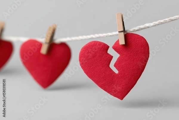 Fototapeta Symbol of Heartbreak, A cracked red fabric heart hanging on a clothesline among whole ones.