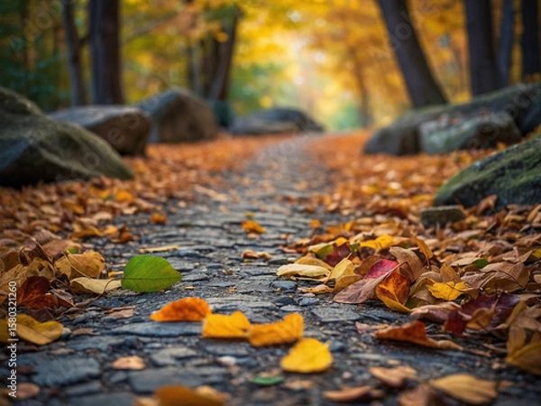 Obraz A rocky path scattered with colorful autumn leaves leading towards a blurred forest background representing the seasonal change in a tranquil natural atmosphere this HD-rendered image