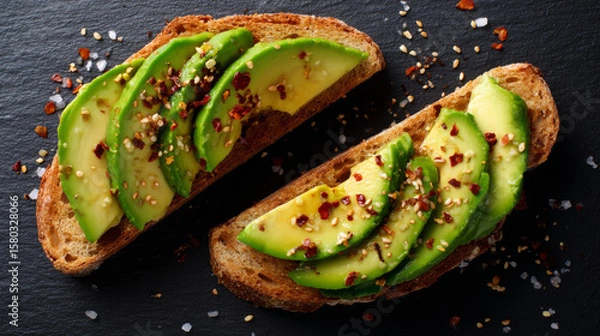 Fototapeta Avocado slices on toasted whole grain bread sprinkled with chili flakes and sesame seeds on dark surface