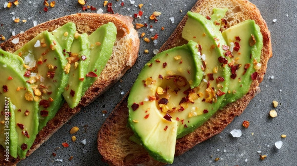 Fototapeta Freshly sliced avocado on toasted sourdough bread sprinkled with chili flakes and sea salt for flavorful snack