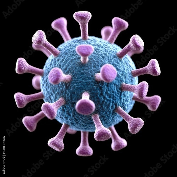 Fototapeta A detailed 3D illustration of a zika virus particle with a blue spherical body and purple spike proteins on a black background.