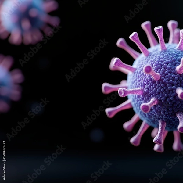 Fototapeta Close-up 3D illustration of a purple and pink zika virus particle with spike proteins against a dark background.