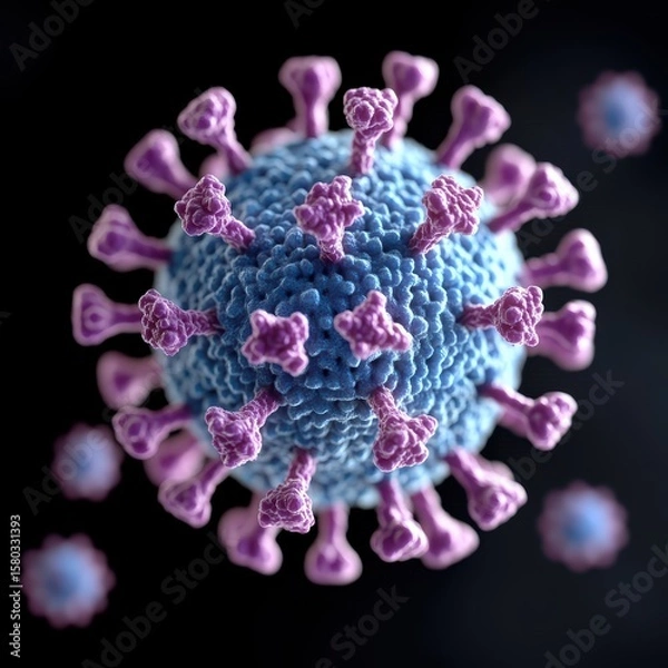 Fototapeta A detailed 3D rendering of a zika virus particle with spike proteins protruding from its textured blue surface against a dark background.