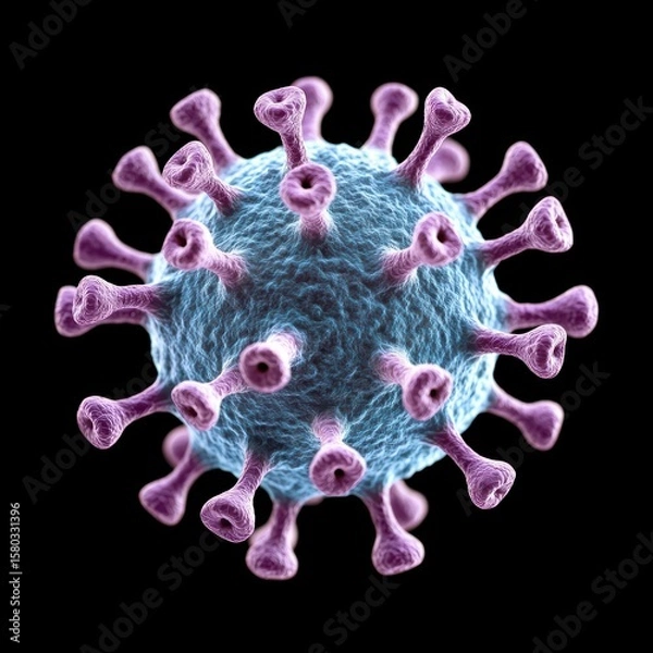 Fototapeta A 3D illustration of a zika virus particle showing spike proteins protruding from a spherical surface, set against a black background.