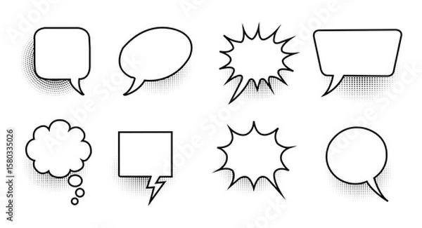 Fototapeta Chat dialog clouds. cartoon comic style thought and speech bubble set. vintage thinking speech bubbles, thinking bubbles, and conversation text elements. Vector illustration.