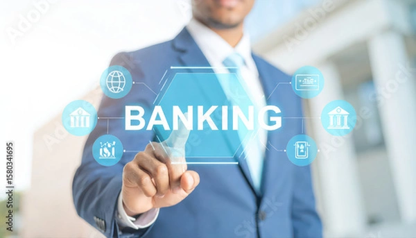 Obraz Photography of businessman touching a word "BANKING" on the virtual screen interface in the air with bank building background.