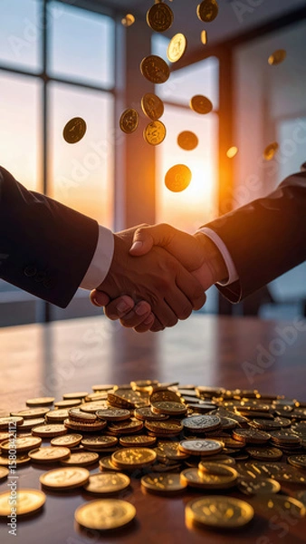 Fototapeta Photography of business handshake with coins falling from above.