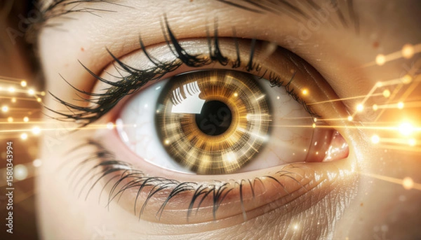 Obraz Close up human eye with hologram data.
