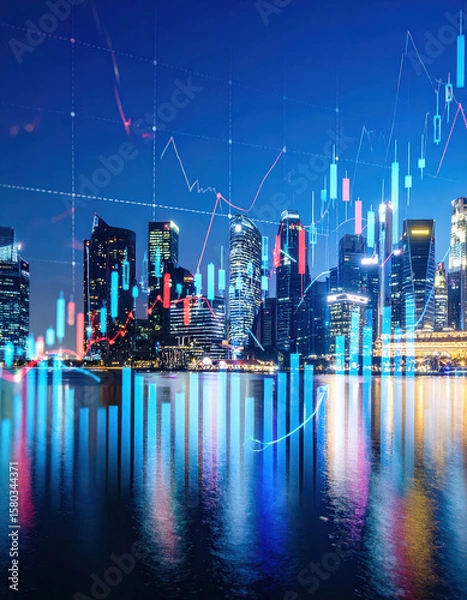 Obraz Photography of a Virtual financial stock market graph with upward trending lines and candlestick charts on the background of an urban skyline.