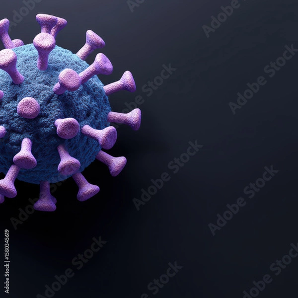 Fototapeta A detailed 3D illustration of a virus particle with spike proteins set against a dark background.