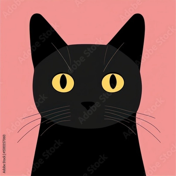 Fototapeta Black cat face on a pink background.  Simple, cute