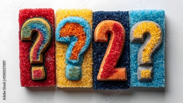 Fototapeta Colorful question marks and number two art pieces on textured backgrounds display image