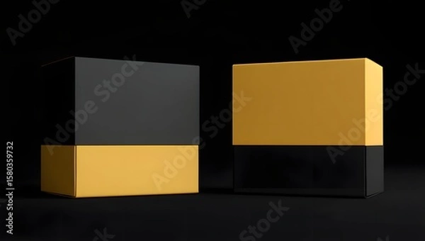 Fototapeta Black and gold boxes packaging mockup product display branding design template 3d render