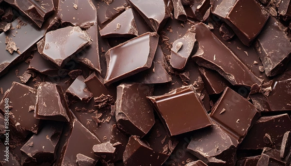 Fototapeta Broken chocolate bar pieces, top view pattern, slow motion