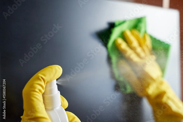 Fototapeta Close up of gloved hands cleaning screen with spray bottle and cloth for a streak free surface.