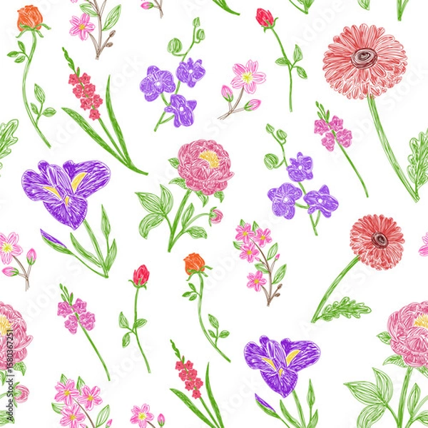 Fototapeta Floral seamless pattern. Flower vector set. Hand drawn color sketch collection. Marker drawing style