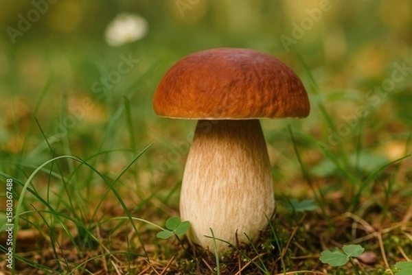 Fototapeta Adorable penny bun mushroom sprouting amidst greenery with a charming brown cap at the forest floor