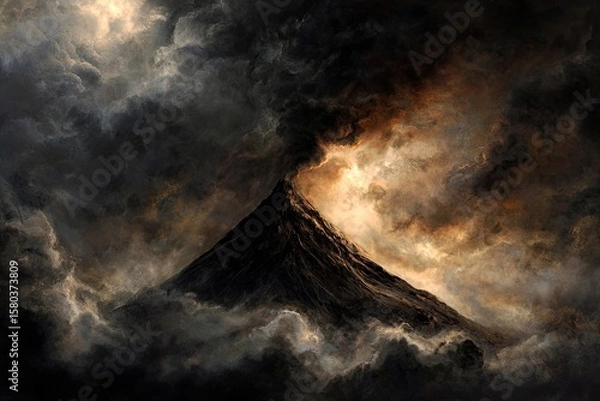 Fototapeta A dramatic volcano erupting through a stormy sky