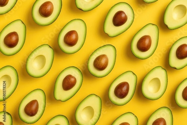 Fototapeta Trendy yellow backdrop featuring a half avocado pattern for food lovers