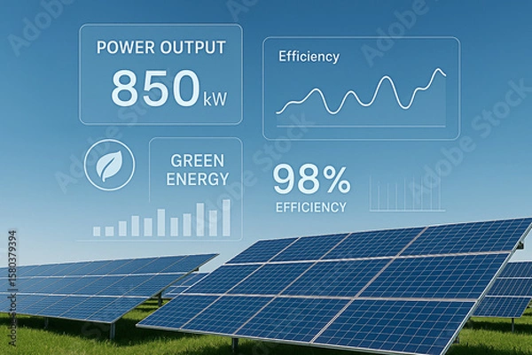 Fototapeta Solar Panel Field with Digital Energy Dashboard Overlay Representing Green Energy and Innovation