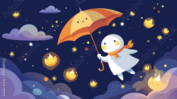 Fototapeta Cute ghost flying with an orange umbrella in a night sky filled with stars and floating lanterns