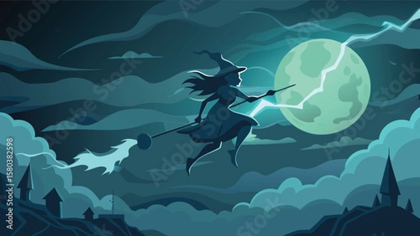 Fototapeta Silhouette of a witch flying on a broomstick with a full moon and lightning in the background scene