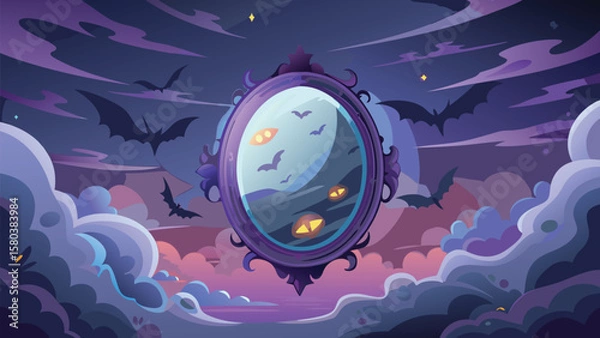 Fototapeta A spooky mirror reflects bats and glowing eyes in a cloudy night sky with twinkling stars above