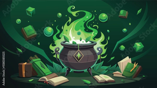 Fototapeta A cauldron brews with green flames and floating cubes surrounded by books and scattered leaves