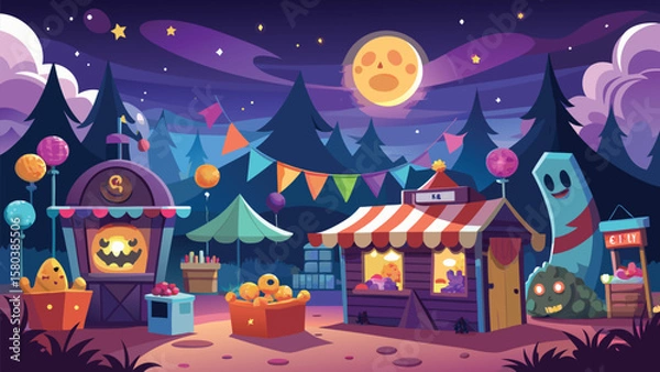 Fototapeta A whimsical halloween fair with booths under a starry night sky and a grinning moon overhead is shown
