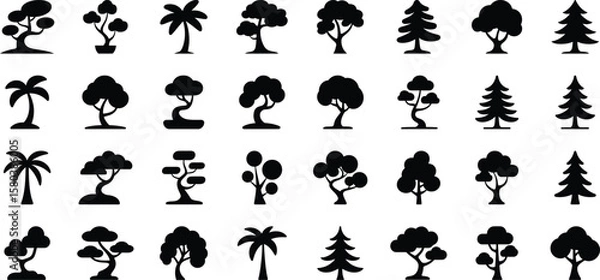Fototapeta Vector tree silhouette set with pine, palm, and stylized tree icons for nature, forest, and landscape illustration