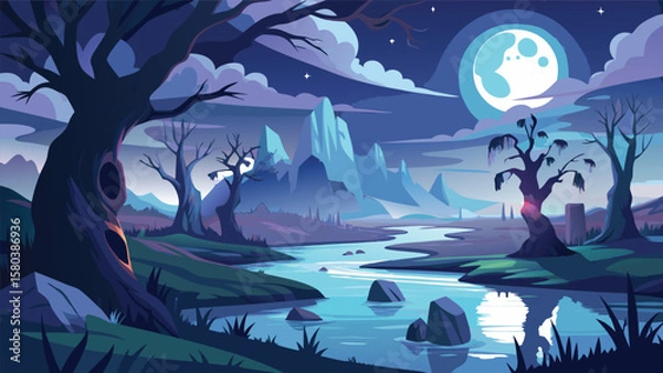Fototapeta Illustration of a night landscape with a river flowing between trees and mountains under a full moon