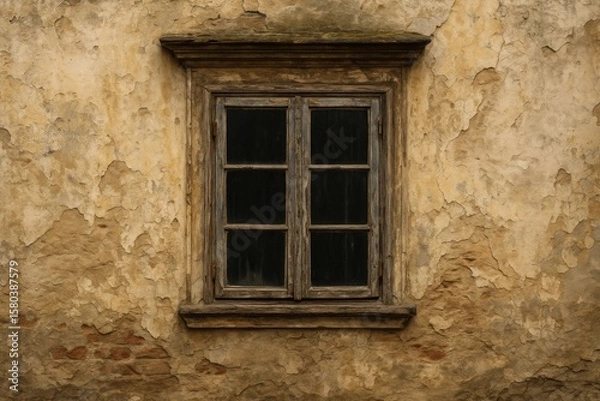 Fototapeta Aged and deteriorating window alongside a crumbling wall