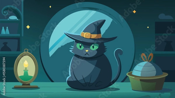 Fototapeta A black cat wearing a witch hat sits on a table with a candle and a hat box under stars