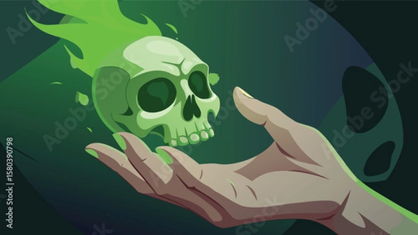 Fototapeta A ghostly green skull with flames hovering over a hand in a dark and mysterious illustration