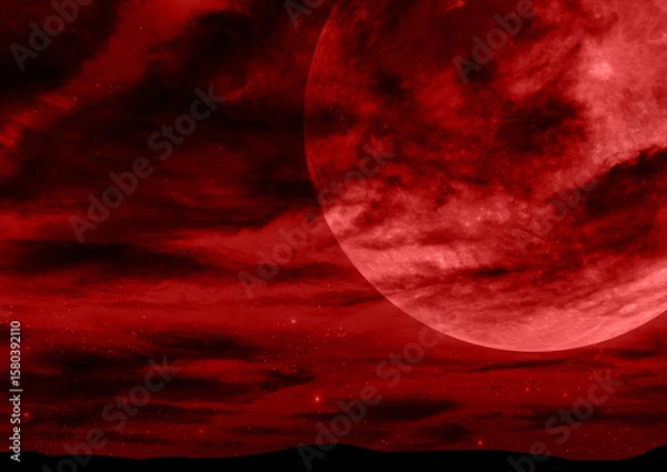 Obraz 雲が出る満月の夜空赤