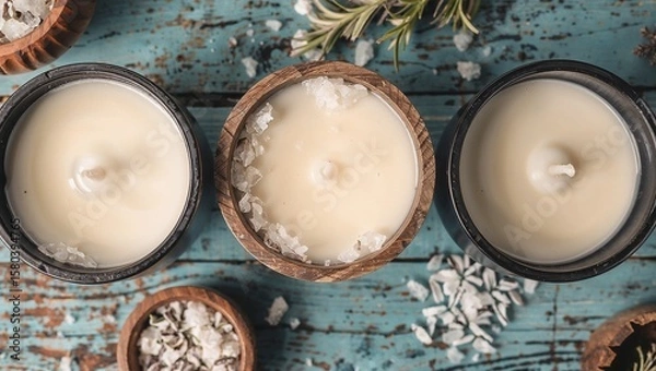 Fototapeta Immerse yourself in serenity with our candles. Hand-poured from natural wax, adorned with rosemary and lavender. Perfect for a cozy evening.