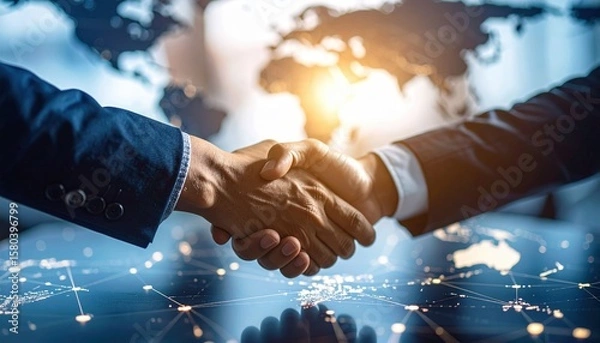 Obraz Two business professionals shaking hands over a digital network grid with a glowing world map in the background