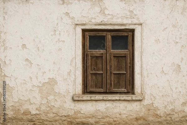 Fototapeta Close-up of an aged building's exterior showing wooden window details with a textured facade backdrop