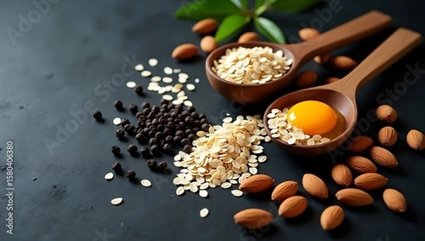 Fototapeta Almonds, oats, egg yolk, and peppercorns arranged on a dark surface