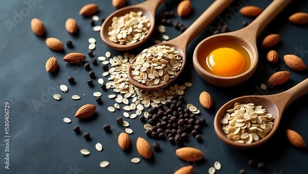 Fototapeta A collection of almonds, oats, egg yolk, and peppercorns in spoons