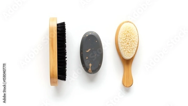 Fototapeta Three different types of brushes and a cleaning stone isolated on white background