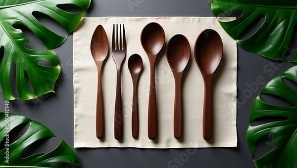 Fototapeta Assortment of wooden spoons and a fork on a cloth with tropical leaves