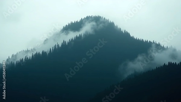 Fototapeta Misty clouds swirl around a dark, forested mountain peak under an overcast sky