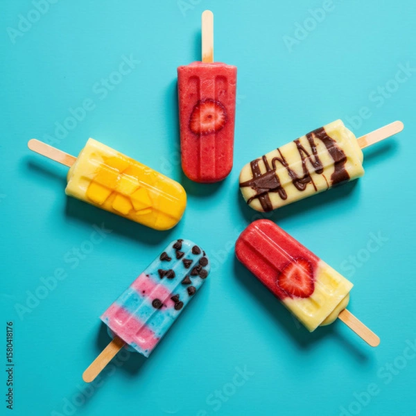 Fototapeta Close-Up of five different ice creams on turquoise background