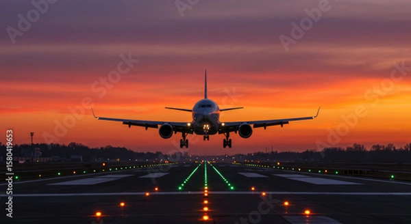 Obraz An Airport Runway with a Landing Airplane at Sunset.
