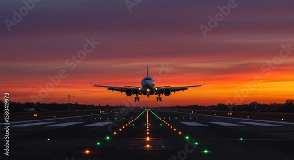 Obraz A Dramatic Head-On View of a Jet Landing at Night.