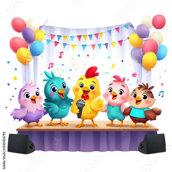 Obraz Colorful cartoon birds performing on stage.