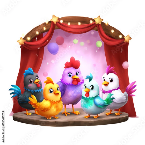 Obraz Colorful cartoon chickens on stage performing.