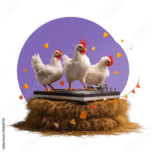 Obraz Charming chickens on a colorful haystack.